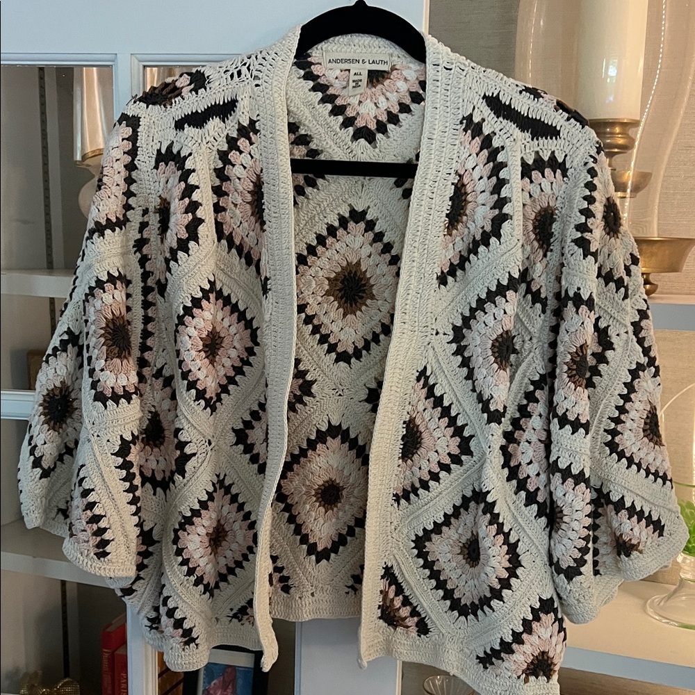 Women's Crochet Sweater - Brown ivory and Pink